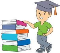 boy wearing graduation cap with stack of books clipart